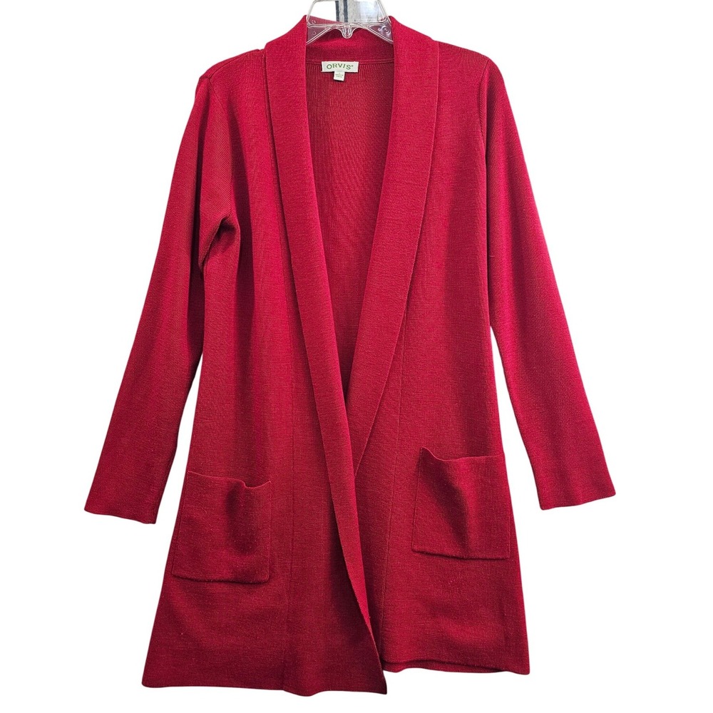 Orvis Cardigan Women S‎ Red Solid 100% Merino Wool Open Front Shawl Collar Long
